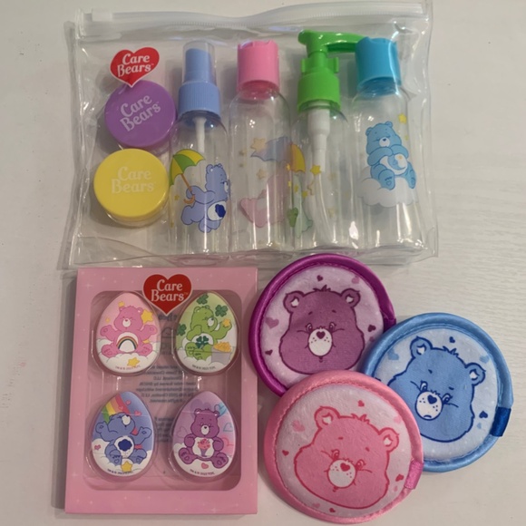 SOLD Care Bears Cartoon 14pc Lot Travel Bottles, Mini Makeup Puffs, Powder Puffs - Picture 1 of 15